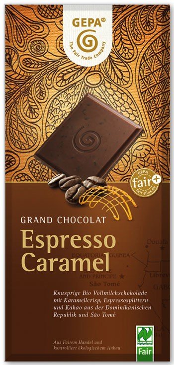 Tablette de chocolat au lait biologique BIO aux pépites de caramel et grains de café - GEPA